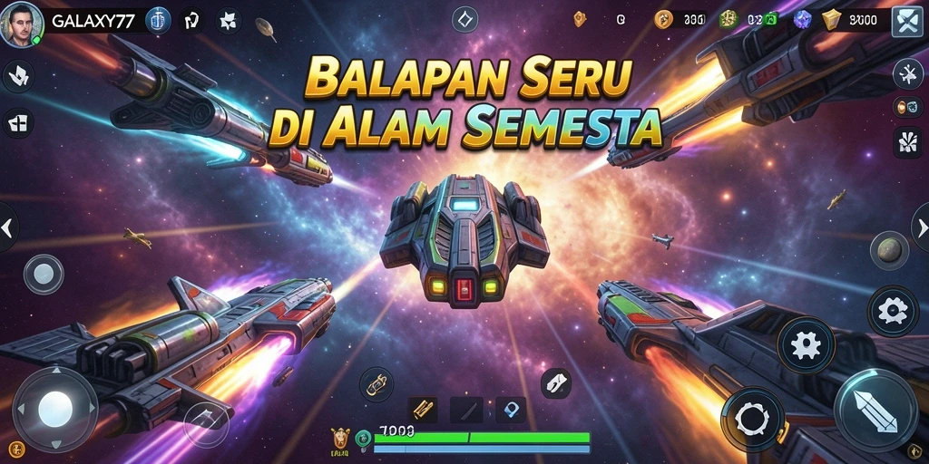 Tampilan seru dari gameplay balapan luar angkasa GALAXY77.